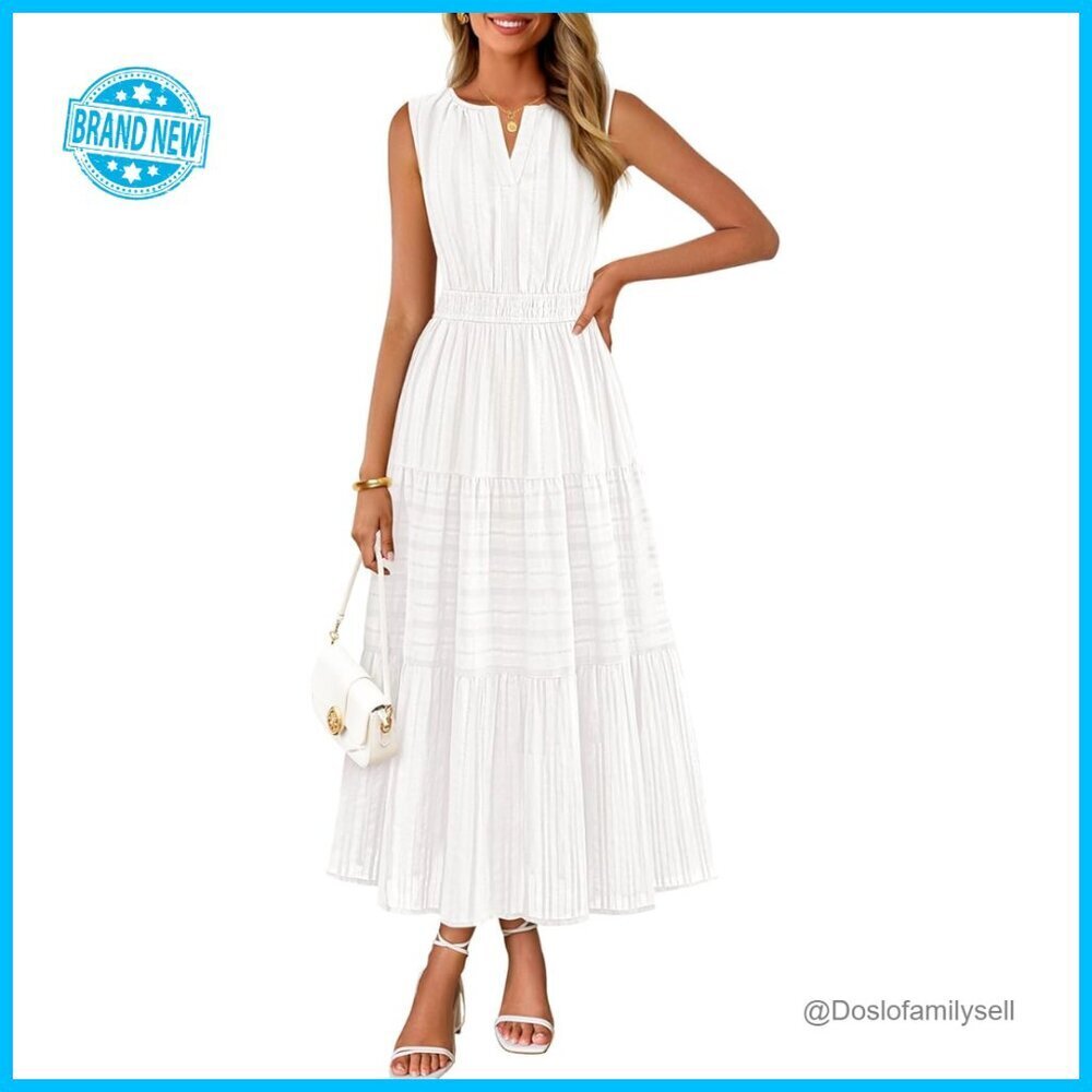 Sleeveless V-Neck Midi Dress Boho Casual Cotton Tiered Pockets
